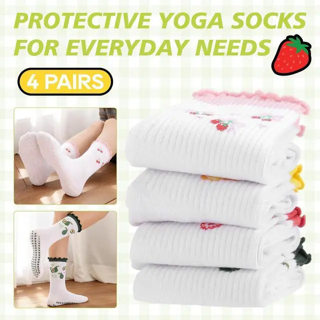 Alt view image 4 of 7 - 4 Pairs Cute Pilates Socks with Grip for Women Cotton Ruffle | Crew Yoga Socks Embroidery Pattern Workout Ballet Camping Running Travel