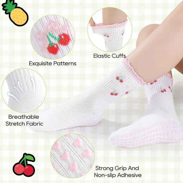 Alt view image 3 of 7 - 4 Pairs Cute Pilates Socks with Grip for Women Cotton Ruffle | Crew Yoga Socks Embroidery Pattern Workout Ballet Camping Running Travel