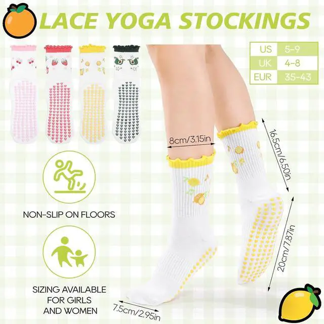 Alt view image 2 of 7 - 4 Pairs Cute Pilates Socks with Grip for Women Cotton Ruffle | Crew Yoga Socks Embroidery Pattern Workout Ballet Camping Running Travel