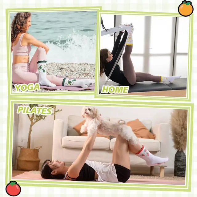 Alt view image 5 of 7 - 4 Pairs Cute Pilates Socks with Grip for Women Cotton Ruffle | Crew Yoga Socks Embroidery Pattern Workout Ballet Camping Running Travel