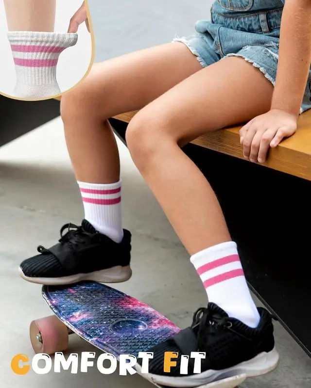 Alt view image 2 of 6 - HONGTEYA Unisex Kids Crew Cotton Socks for Girls Boys School Uniform | Breathable athletic knit, seamless toe friendly, fits ages 3-12, great for back-to-school, 5 pairs soft combed cotton