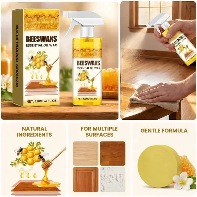 Alt view image 4 of 6 - Beeswax Wood Polish Spray, Natural Furniture Cleaner & Restorer, Removes Scratches, Conditions & Protects Cabinets, Floors, Tables, Multi-Surface Wood Care (4oz)