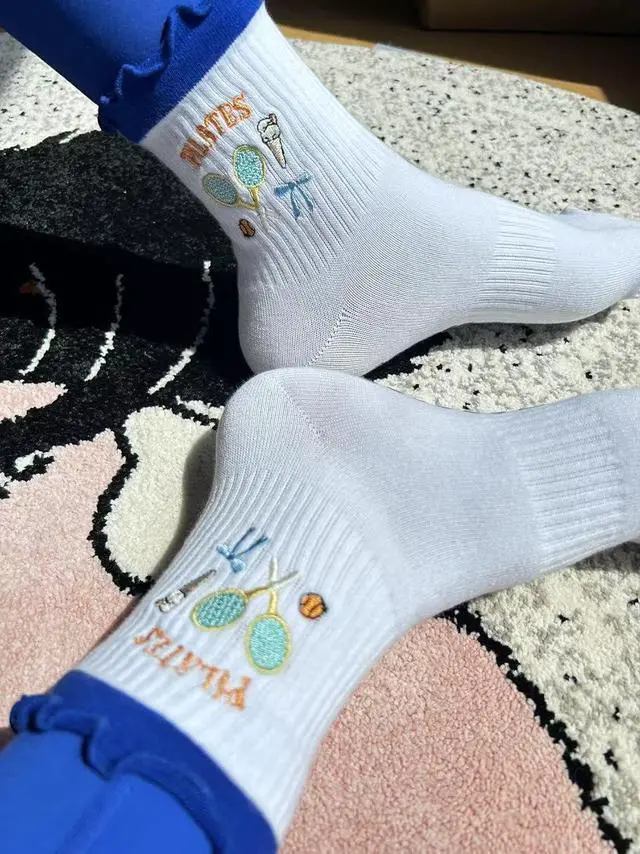 Alt view image 2 of 7 - Women's Cute Grip Pilates Socks Non-Slip Yoga Ballet Socks with Ruffle Cuff & Embroidery