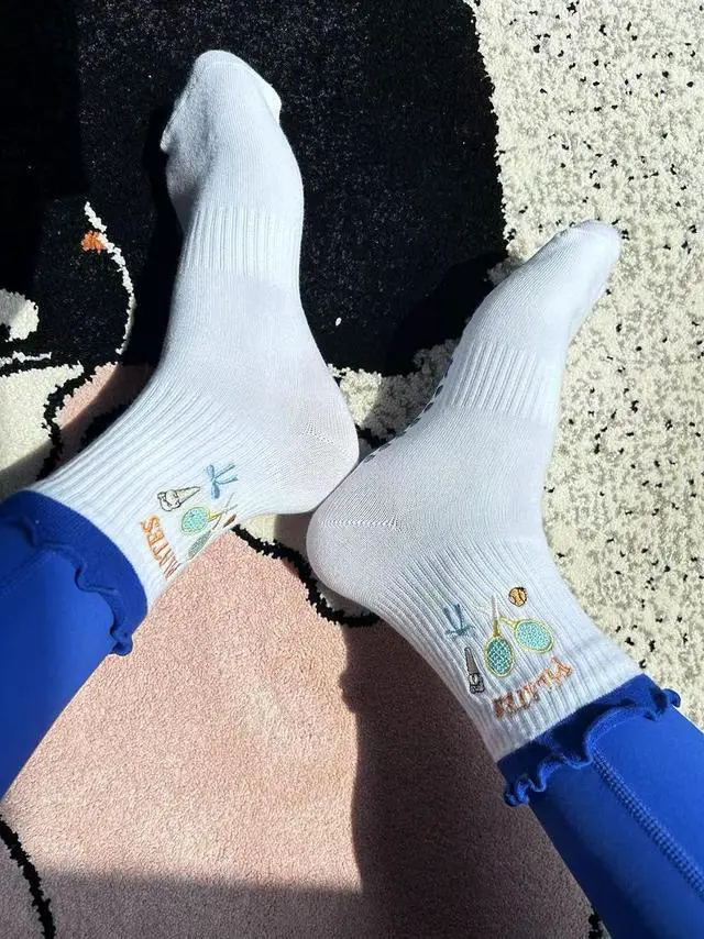 Alt view image 3 of 7 - Women's Cute Grip Pilates Socks Non-Slip Yoga Ballet Socks with Ruffle Cuff & Embroidery