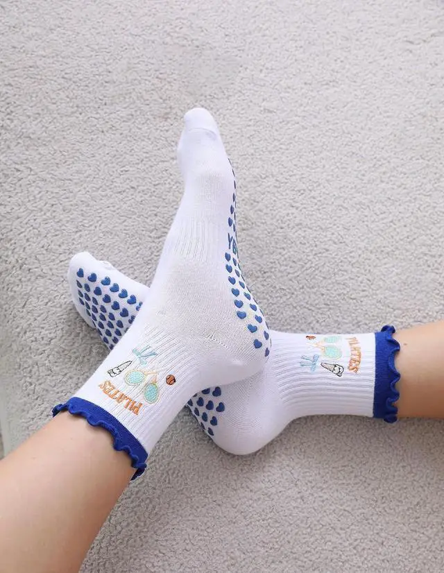 Alt view image 6 of 7 - Women's Cute Grip Pilates Socks Non-Slip Yoga Ballet Socks with Ruffle Cuff & Embroidery