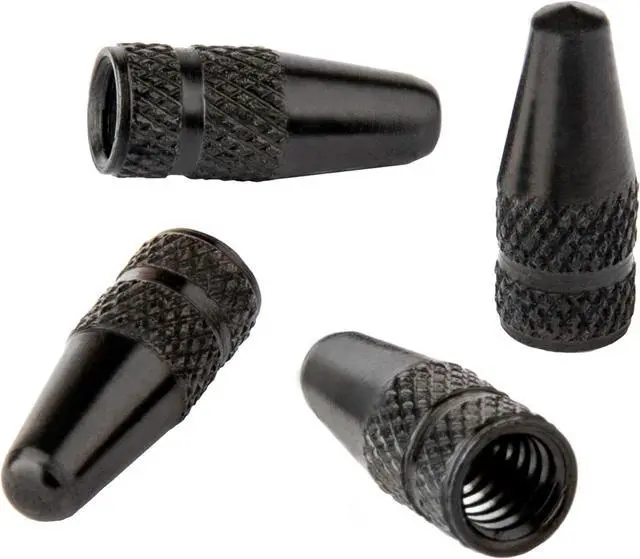Main image of Presta Valve Caps - Anodized Aluminum - Use On Presta/French Valves - Designs: Bullet, Rocket, Hamburger, Pocket Rocket (4 Pack)