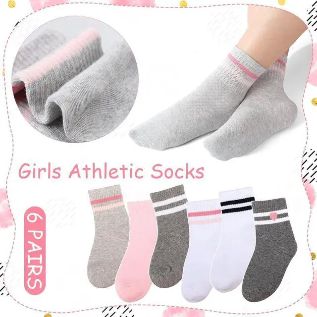 Alt view image 2 of 7 - Jspupifip 6 Pairs of Kids Athletic Socks, Crew Athletic Socks for Girls | Hearts Stripes Combed Cotton Socks with High Ribbed Top Cuffs, Kids Girls and Boys to Little Kids 8-10 Years Old