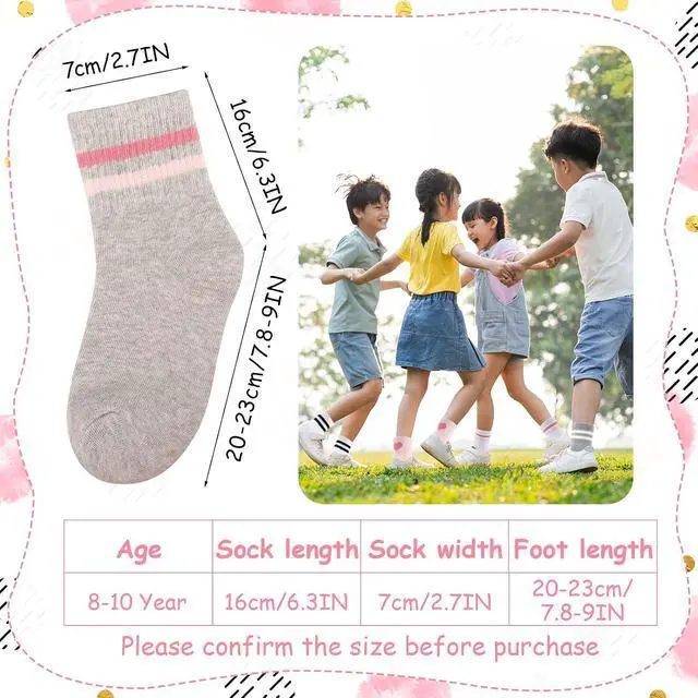 Alt view image 3 of 7 - Jspupifip 6 Pairs of Kids Athletic Socks, Crew Athletic Socks for Girls | Hearts Stripes Combed Cotton Socks with High Ribbed Top Cuffs, Kids Girls and Boys to Little Kids 8-10 Years Old