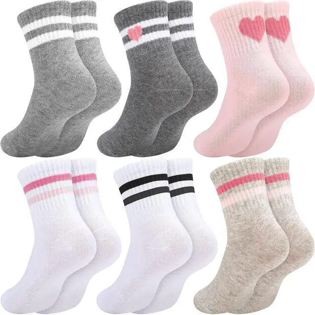 Main image of Jspupifip 6 Pairs of Kids Athletic Socks, Crew Athletic Socks for Girls | Hearts Stripes Combed Cotton Socks with High Ribbed Top Cuffs, Kids Girls and Boys to Little Kids 8-10 Years Old