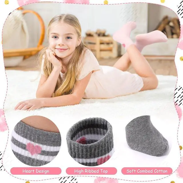 Alt view image 4 of 7 - Jspupifip 6 Pairs of Kids Athletic Socks, Crew Athletic Socks for Girls | Hearts Stripes Combed Cotton Socks with High Ribbed Top Cuffs, Kids Girls and Boys to Little Kids 8-10 Years Old