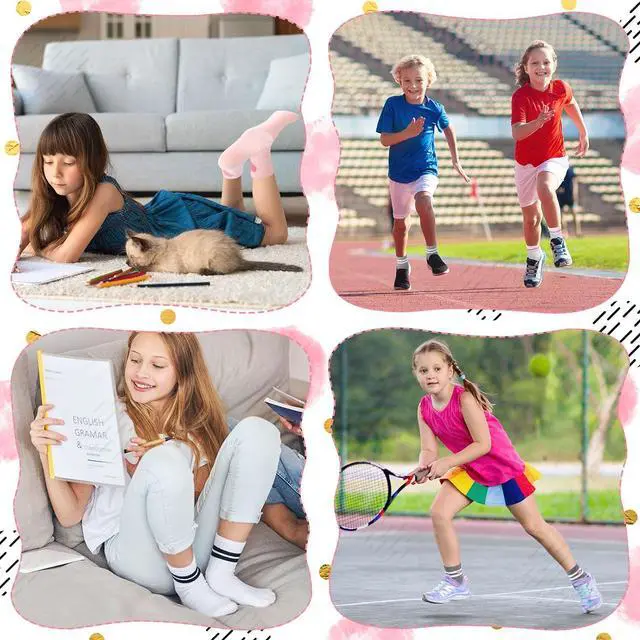 Alt view image 6 of 7 - Jspupifip 6 Pairs of Kids Athletic Socks, Crew Athletic Socks for Girls | Hearts Stripes Combed Cotton Socks with High Ribbed Top Cuffs, Kids Girls and Boys to Little Kids 8-10 Years Old
