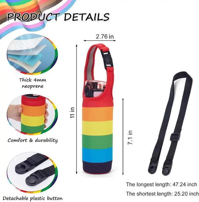 Alt view image 2 of 7 - Rainbow Neoprene Bottle Holder, Adjustable Crossbody Bottle Pouch | Lightweight soft neoprene, multi carrying ways, fits most water bottles, suitable for gym, hiking, travel