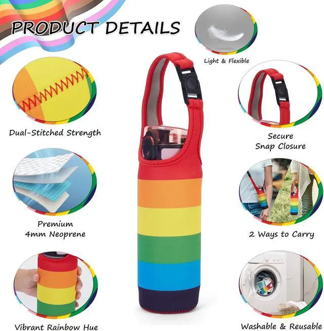 Alt view image 3 of 7 - Rainbow Neoprene Bottle Holder, Adjustable Crossbody Bottle Pouch | Lightweight soft neoprene, multi carrying ways, fits most water bottles, suitable for gym, hiking, travel