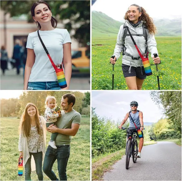 Alt view image 4 of 7 - Rainbow Neoprene Bottle Holder, Adjustable Crossbody Bottle Pouch | Lightweight soft neoprene, multi carrying ways, fits most water bottles, suitable for gym, hiking, travel
