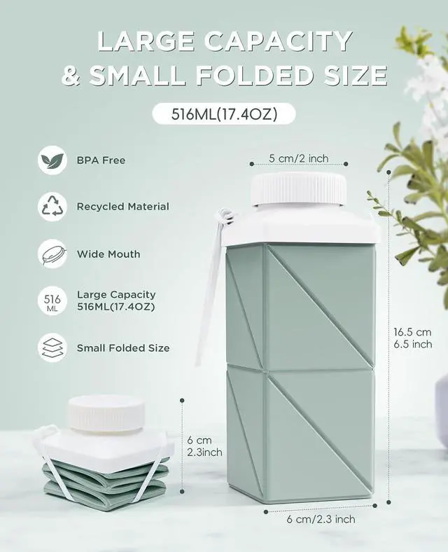 Alt view image 2 of 7 - Collapsible Water Bottles 17.4oz(516ML), 2nd Generation Leakproof BPA-Free Travel Water Bottle,Lightweight Reusable Water bottle, Portable for Travel Cycling Gym Camping,Sage Green, 1 Pack
