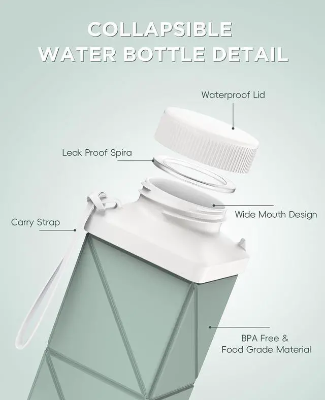Alt view image 3 of 7 - Collapsible Water Bottles 17.4oz(516ML), 2nd Generation Leakproof BPA-Free Travel Water Bottle,Lightweight Reusable Water bottle, Portable for Travel Cycling Gym Camping,Sage Green, 1 Pack