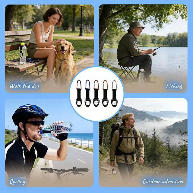 Alt view image 6 of 7 - Multi-functional Durable Silicone Water Bottle Holder with Carabiner Clip & Key Ring, Fits 12-25 oz Bottles, Elastic Strap for Hiking, Camping, Cycling, Travel, Outdoor Gear (5-Pack Assorted Colors)