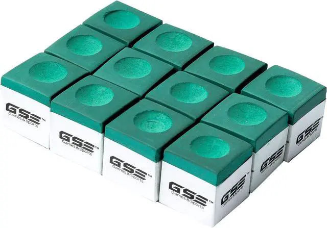 Main image of GSE 12-Pack Billiard Pool Cue Chalks for Home/Tournament Use, Green | Low Dust, Anti-Miscue, Enhanced Spin & Control, Portable Storage Box Packaged, Billiard Pool Table Accessories