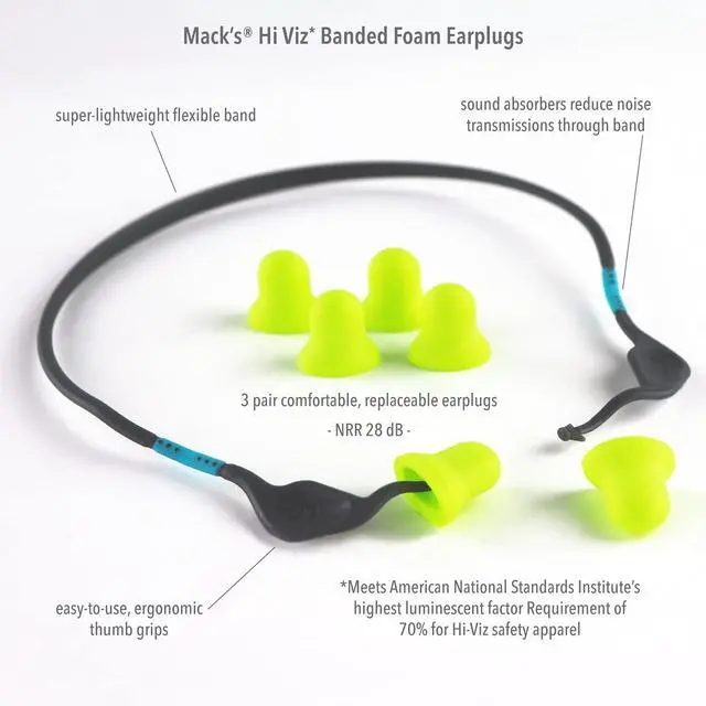 Alt view image 2 of 6 - Macks Hi Viz Banded Foam Shooting Earplugs, 3 Pair with Band - Most Visible Color, Easy Compliance Checks, 28dB High NRR - Comfortable, Safe Ear Plugs for Hunting, Tactical, Target, Skeet and Trap