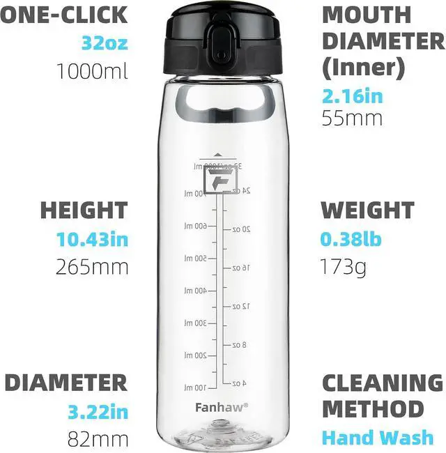 Alt view image 2 of 7 - Fanhaw 32 oz Clear Plastic Water Bottle, BPA Free Leakproof Tritan Sports Water Bottle with Chug Lid, Wide Mouth Reusable Bottle for Gym, Travel, School & Office (Clear & Black)