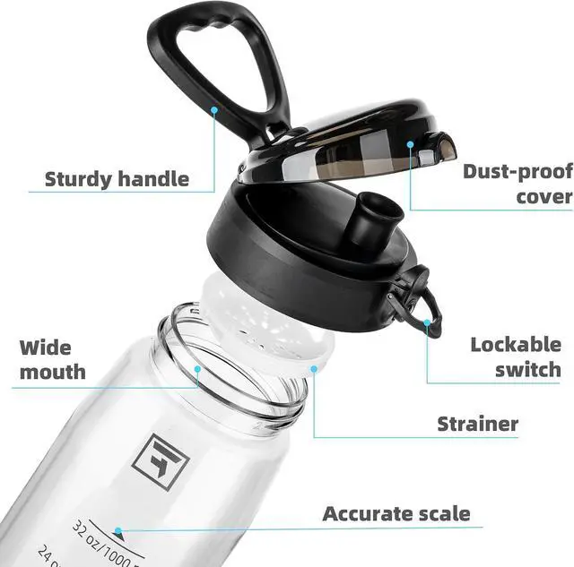 Alt view image 5 of 7 - Fanhaw 32 oz Clear Plastic Water Bottle, BPA Free Leakproof Tritan Sports Water Bottle with Chug Lid, Wide Mouth Reusable Bottle for Gym, Travel, School & Office (Clear & Black)