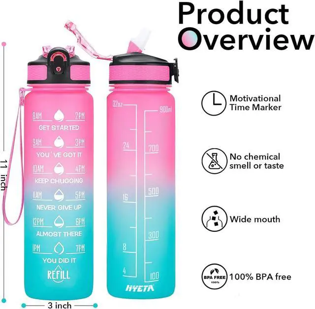 Alt view image 2 of 7 - Hyeta Water Bottle with Straw & Time Marker, Plastic 32oz Leakproof | Motivational Tritan BPA Free Gym Office Outdoor Intake Tracker Hourly Reminder Straw Lid Carry Strap