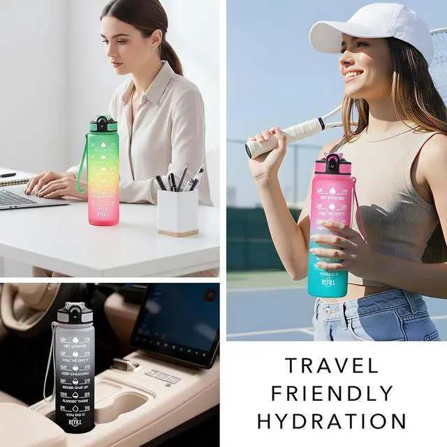 Alt view image 6 of 7 - Hyeta Water Bottle with Straw & Time Marker, Plastic 32oz Leakproof | Motivational Tritan BPA Free Gym Office Outdoor Intake Tracker Hourly Reminder Straw Lid Carry Strap