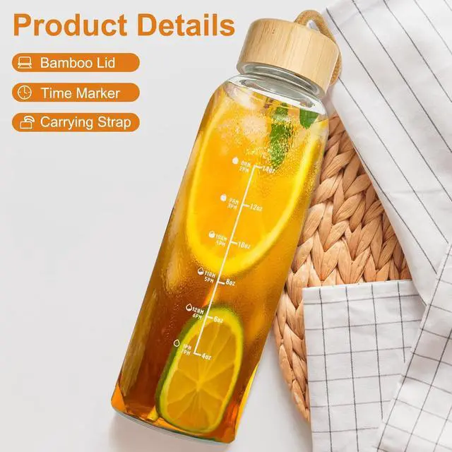 Alt view image 2 of 6 - Doseno Glass Water Bottles: 17oz Borosilicate Bottle with Lid & Time Marker | Clear design with carrying strap and O-ring seal for water and juicing; reusable for offices, gyms, travel and cup holders