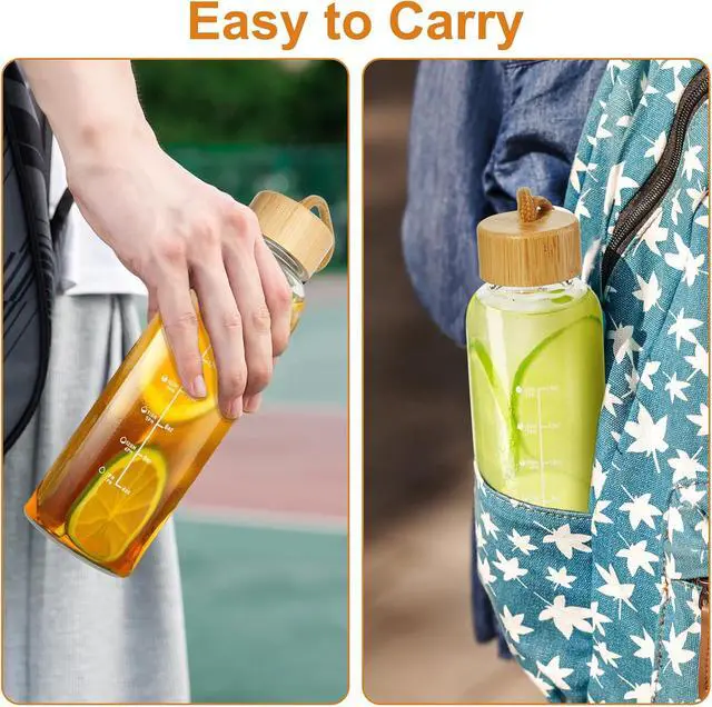 Alt view image 3 of 6 - Doseno Glass Water Bottles: 17oz Borosilicate Bottle with Lid & Time Marker | Clear design with carrying strap and O-ring seal for water and juicing; reusable for offices, gyms, travel and cup holders
