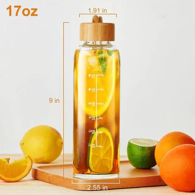 Alt view image 4 of 6 - Doseno Glass Water Bottles: 17oz Borosilicate Bottle with Lid & Time Marker | Clear design with carrying strap and O-ring seal for water and juicing; reusable for offices, gyms, travel and cup holders