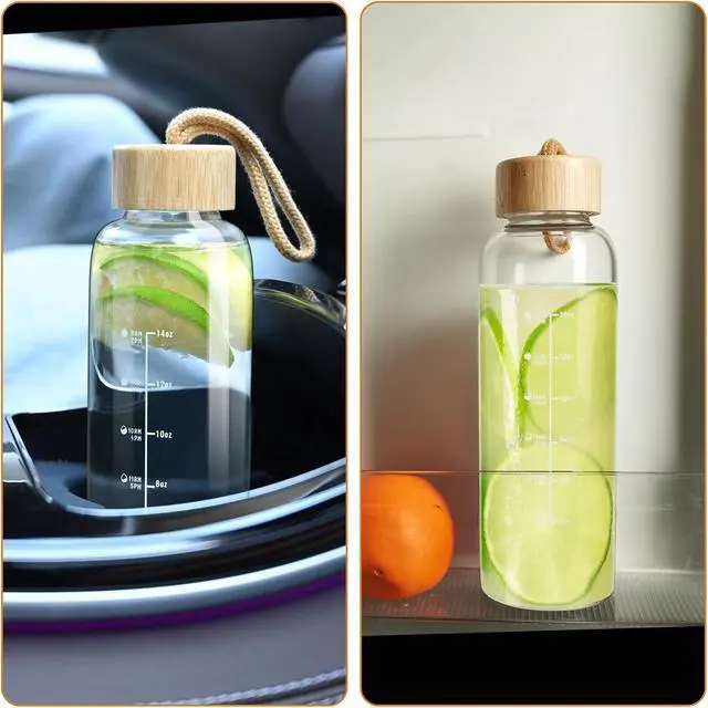 Alt view image 5 of 6 - Doseno Glass Water Bottles: 17oz Borosilicate Bottle with Lid & Time Marker | Clear design with carrying strap and O-ring seal for water and juicing; reusable for offices, gyms, travel and cup holders