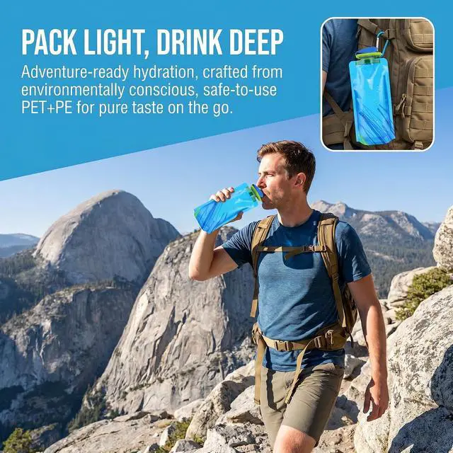 Alt view image 3 of 7 - Collapsible Water Bottles for Travel 23oz Foldable Water Bottle with Carabiner,Leakproof BPA-Free Water Jup, Portable Reusable Water Bottle for Hiking,Sports,Camping,Biking (White+Blue)