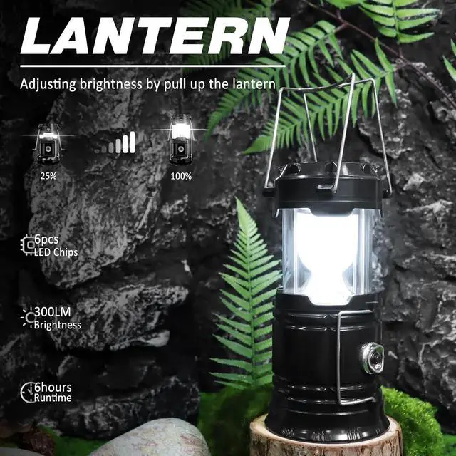 Alt view image 2 of 6 - DIBMS Solar Camping Lantern, Collapsible LED Flashlight Emergency Lights | LED Solar USB Rechargeable Lamp Folding Tent Hanging Lights Survival Kits for Hurricanes Power Outages Indoor Outdoor (Black)