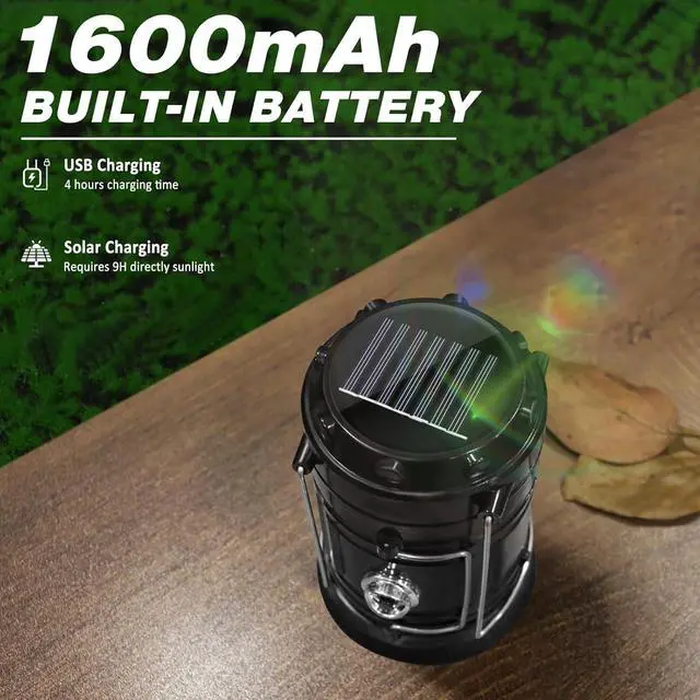 Alt view image 4 of 6 - DIBMS Solar Camping Lantern, Collapsible LED Flashlight Emergency Lights | LED Solar USB Rechargeable Lamp Folding Tent Hanging Lights Survival Kits for Hurricanes Power Outages Indoor Outdoor (Black)