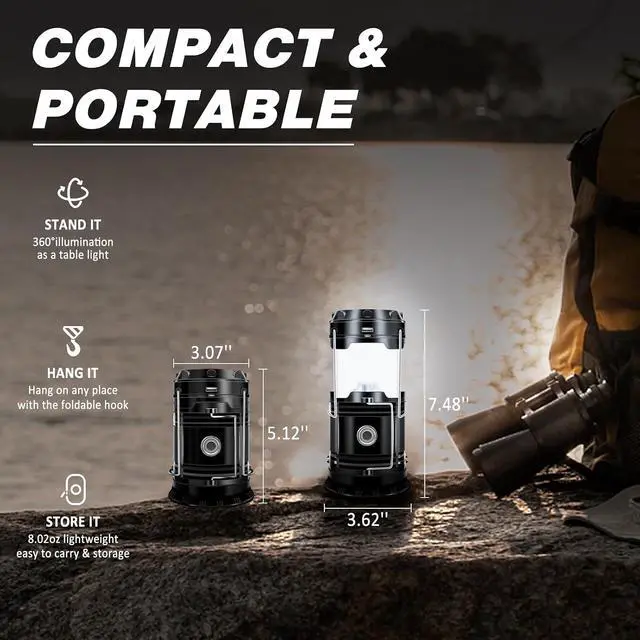 Alt view image 6 of 6 - DIBMS Solar Camping Lantern, Collapsible LED Flashlight Emergency Lights | LED Solar USB Rechargeable Lamp Folding Tent Hanging Lights Survival Kits for Hurricanes Power Outages Indoor Outdoor (Black)