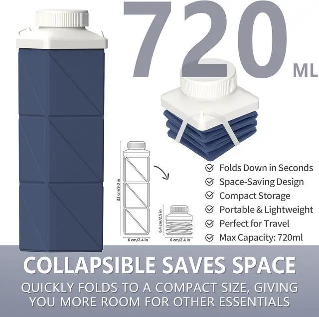 Alt view image 2 of 6 - Collapsible Water Bottles, 24 oz (720 ml), Portable Travel Water Bottle | Leakproof & Reusable, Lightweight Foldable Water Bottle for Traveling, Hiking, School, Sports & Outdoor, 1 Pack (Darkblue)