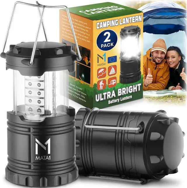 Main image of Mata1-USA LED Camping Lanterns (Black, 2 Pack), Emergency Lights for Power Outages, Long-Lasting Battery-Powered Lights w/ 3 Adjustable Brightness Levels, Collapsible Lamps for Indoor & Outdoor Use