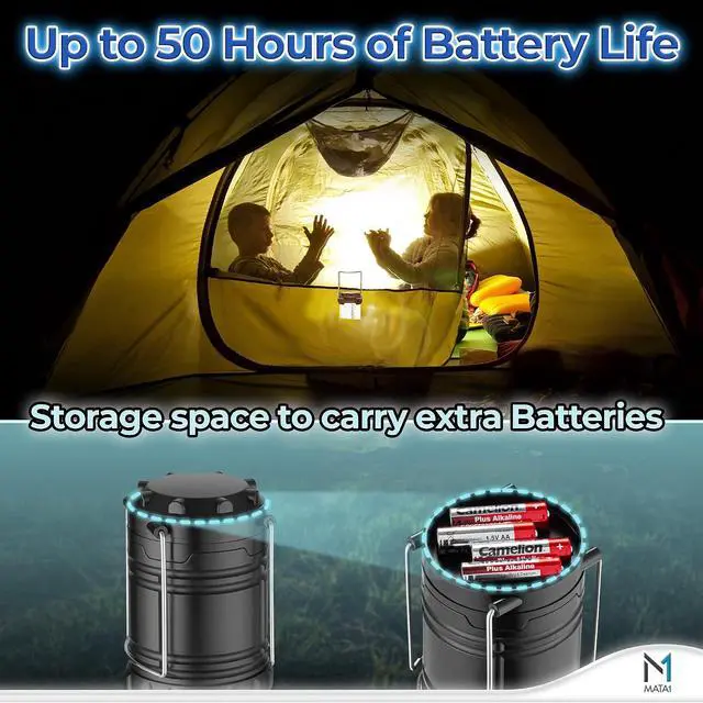 Alt view image 4 of 7 - Mata1-USA LED Camping Lanterns (Black, 2 Pack), Emergency Lights for Power Outages, Long-Lasting Battery-Powered Lights w/ 3 Adjustable Brightness Levels, Collapsible Lamps for Indoor & Outdoor Use