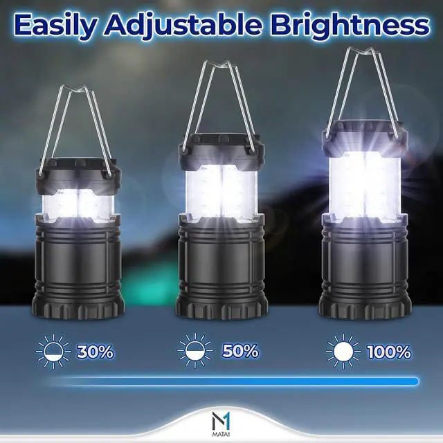 Alt view image 6 of 7 - Mata1-USA LED Camping Lanterns (Black, 2 Pack), Emergency Lights for Power Outages, Long-Lasting Battery-Powered Lights w/ 3 Adjustable Brightness Levels, Collapsible Lamps for Indoor & Outdoor Use