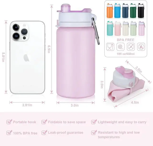 Alt view image 2 of 7 - PLTCAT Collapsible Water Bottles, 19oz Foldable Silicone Travel Bottles | BPA-Free Silicone, Leak-Proof Lids, Dishwasher Safe, Carabiner Clips, Compact Roll-Up Design