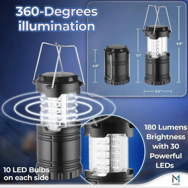 Alt view image 5 of 7 - Mata1-USA LED Camping Lanterns (Black, 2 Pack), Emergency Lights for Power Outages, Long-Lasting Battery-Powered Lights w/ 3 Adjustable Brightness Levels, Collapsible Lamps for Indoor & Outdoor Use