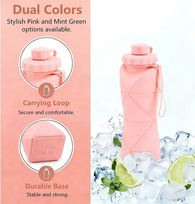 Alt view image 4 of 7 - Collapsible Water Bottles 20oz (600ml), BPA-Free Silicone Foldable Portable Lightweight Reusable Water Bottle with Leak-Proof Lid & Lanyard for Outdoor Travel Cycling Gym & Camping