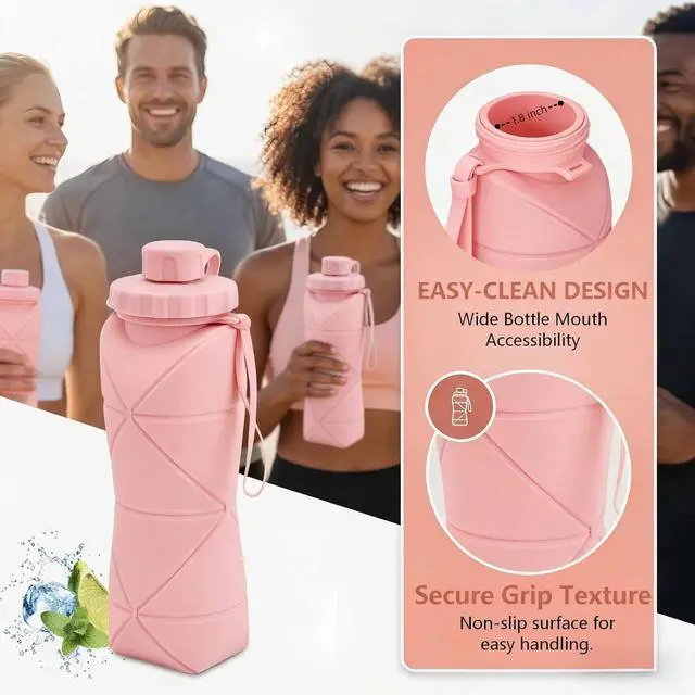 Alt view image 5 of 7 - Collapsible Water Bottles 20oz (600ml), BPA-Free Silicone Foldable Portable Lightweight Reusable Water Bottle with Leak-Proof Lid & Lanyard for Outdoor Travel Cycling Gym & Camping