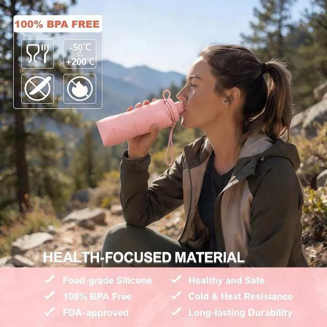 Alt view image 6 of 7 - Collapsible Water Bottles 20oz (600ml), BPA-Free Silicone Foldable Portable Lightweight Reusable Water Bottle with Leak-Proof Lid & Lanyard for Outdoor Travel Cycling Gym & Camping