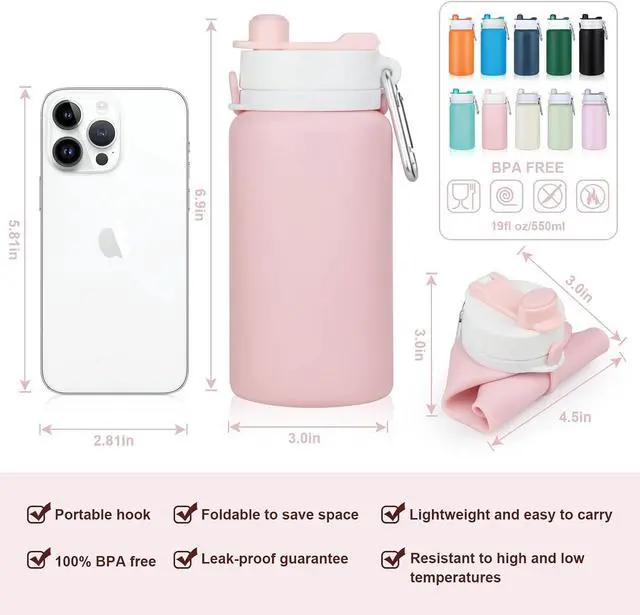 Alt view image 4 of 7 - PLTCAT Collapsible Water Bottles, 19oz Foldable Silicone Travel Bottles | BPA-Free Silicone, Leak-Proof Lids, Dishwasher Safe, Carabiner Clips, Compact Roll-Up Design