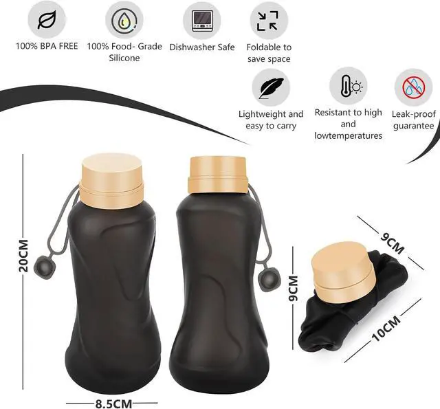 Alt view image 2 of 7 - Collapsible Water Bottles,650ml,Leak Proof,Reuseable BPA Free Silicone Foldable Water Bottles,Durable Lightweight for Travel Gym Camping Hiking,Compact Size Portable Sports Water Bottle (Black)