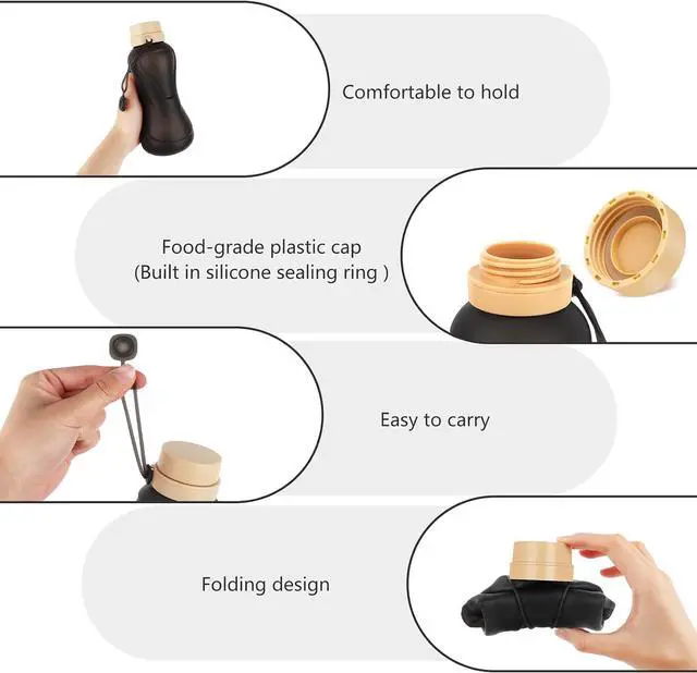 Alt view image 3 of 7 - Collapsible Water Bottles,650ml,Leak Proof,Reuseable BPA Free Silicone Foldable Water Bottles,Durable Lightweight for Travel Gym Camping Hiking,Compact Size Portable Sports Water Bottle (Black)