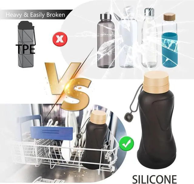 Alt view image 5 of 7 - Collapsible Water Bottles,650ml,Leak Proof,Reuseable BPA Free Silicone Foldable Water Bottles,Durable Lightweight for Travel Gym Camping Hiking,Compact Size Portable Sports Water Bottle (Black)