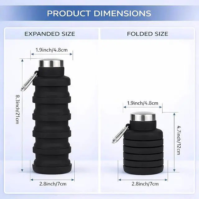 Alt view image 2 of 7 - Collapsible Water Bottles,Silicone Water Bottle,16oz Capacity Portable Reusable,Leak-proof,with buckle,foldable storage,Lightweight Durable for Fitness,Cycling,Sports,Camping,Hiking (Black)