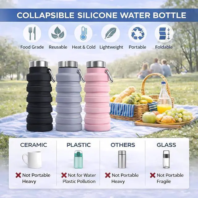 Alt view image 3 of 7 - Collapsible Water Bottles,Silicone Water Bottle,16oz Capacity Portable Reusable,Leak-proof,with buckle,foldable storage,Lightweight Durable for Fitness,Cycling,Sports,Camping,Hiking (Black)
